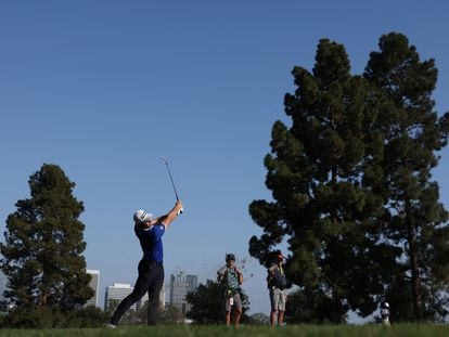 Viktor Hovland of Norway plays a second shot on the 12th hole during the second round of the 123rd U.S. Open Championship at The Los Angeles Country Club on June 16, 2023, in Los Angeles, California.