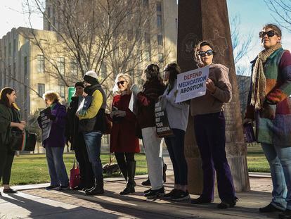 Women's March group protest in support of access to abortion medication outside the Federal Courthouse on Wednesday, March 15, 2023 in Amarillo, Texas.