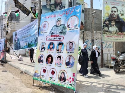 A poster paying tribute to Yihad Shaker Al Ghanam, secretary general of the military council of the Al Quds Brigades, killed on Monday in Israeli airstrikes in Rafah, a city in the south of the Gaza Strip.