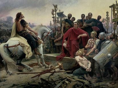 Vercingetorix lays down his arms at the feet of Julius Caesar (1899) by Lionel-Noël Royer.