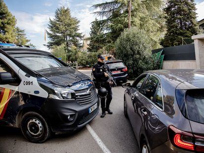 Police outside the Ukrainian embassy in Madrid.