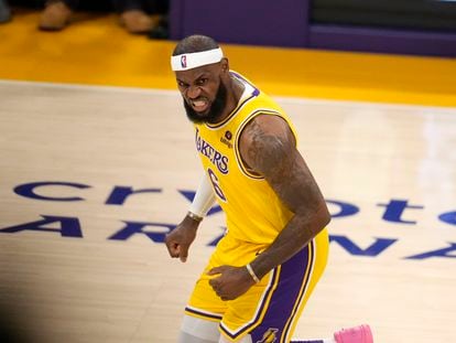 Los Angeles Lakers forward LeBron James celebrates after scoring during the second half of an NBA basketball game against the Oklahoma City Thunder Tuesday, Feb. 7, 2023, in Los Angeles.