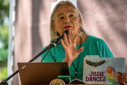 Denise Lajimodiere speaks at the Minnesota Children's Book Festival in Red Wing, Minn., on Sept. 18, 2021