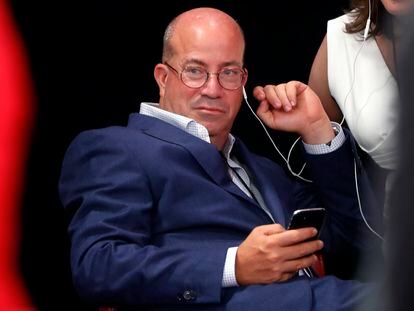 Jeff Zucker, Chairman, WarnerMedia News and Sports and President, CNN Worldwide listens in the spin room after the first of two Democratic presidential primary debates hosted by CNN on July 30, 2019, in the Fox Theatre in Detroit.