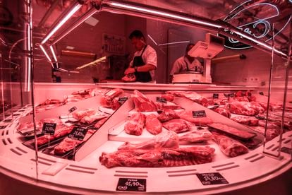A butcher shop in the Ventas market, Madrid. 