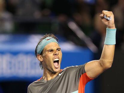 Rafael Nadal of Spain celebrates winning his semifinal match against Roger Federer.