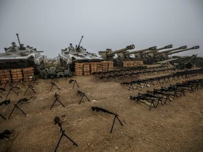 Tanks and weapons of the Armenian forces in Nagorno-Karabakh, on display in the Azerbaijani town of Signag, October 30, 2023.