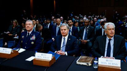 General Jeffrey Kruse of the Military Intelligence Agency, FBI Director Christopher Wray, and CIA Director William Burns before the hearing Monday.