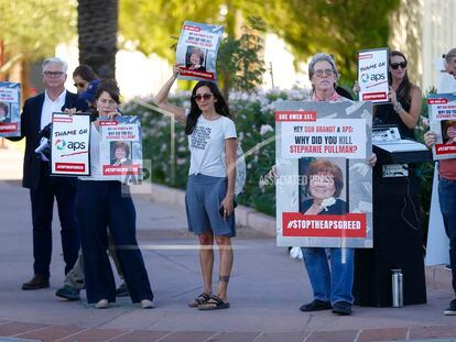Protesters hold signs with Stephanie Pullman's picture during a protest in Phoenix, Arizona, on June 20, 2019.