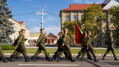 Transnistrian soldiers parade through the city of Tiraspol on September 2, 2023.