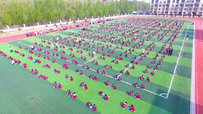 Aerial view of the school chess competition in Liaocheng, China, in 2021