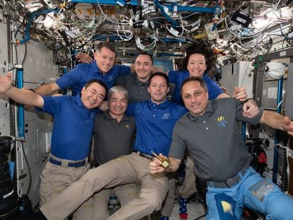 The current crew members of the International Space Station.