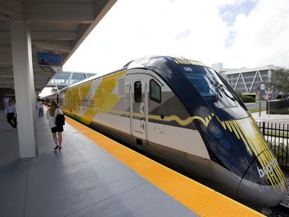 A Brightline train is shown at a station in Fort Lauderdale, Fla., on Jan. 11, 2018