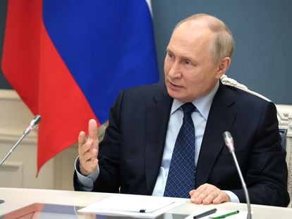 Russia's President Vladimir Putin holds a video conference meeting in Moscow, Russia, on August 31, 2023.