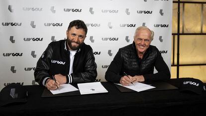 Jon Rahm (left) signing for LIV Golf with league commissioner Greg Norman on December 7 in New York.