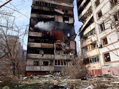 A residential multi-story building is seen damaged after a Russian missile hit it in southeastern city of Zaporizhzhia, Ukraine, on March 22, 2023.