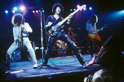 Thin Lizzy’s Brian Robertson, Phil Lynott and Scott Gorham at a 1978 concert in London. 