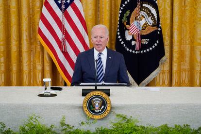 President Joe Biden speaks during a meeting about cybersecurity, in the East Room of the White House, Aug. 25, 2021, in Washington.
