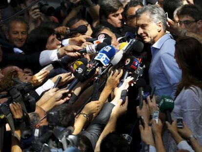 Macri speaks to the media after his victory was announced.
