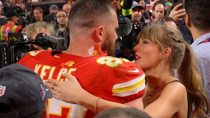 The Kansas City Chiefs' Travis Kelce celebrates with partner Taylor Swift after Kansas City Chiefs beat the San Francisco 49ers in Super Bowl at Allegiant Stadium in Las Vegas, Nevada, February 11, 2024.