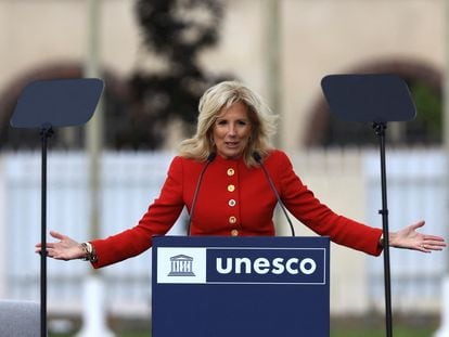 First Lady Jill Biden delivers a speech during a ceremony at the UNESCO headquarters in Paris, France, on July 25, 2023.
