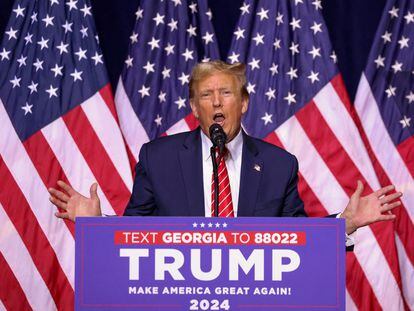 FILE PHOTO: Republican presidential candidate and former U.S. President Donald Trump speaks during a campaign rally at the Forum River Center in Rome, Georgia, U.S. March 9, 2024.
