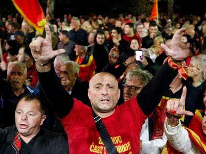 Oposition supporter shout slogans during protest against Andrija Mandic, a pro-Serb and a pro-Russia leader that was elected as new parliament speaker in Podgorica, Montenegro, October 30, 2023.