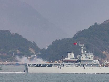 A Chinese warship fires towards the shore during a military drill near the Taiwan controlled Matsu Islands, China, April 8, 2023.