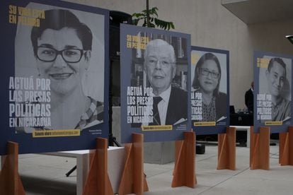 Posters calling for action to help Nicaraguan political prisoners outside the legislative assembly in Costa Rica.