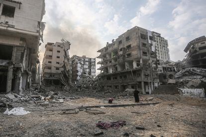A view of the devastation caused by Israeli airstrikes in the Rimal neighbourhood in Gaza City. 