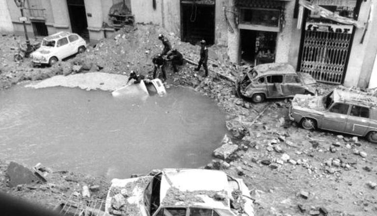 The crater left by the bombing in Claudio Coello street, in central Madrid.
