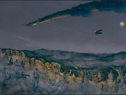 An artist's recreation of the shooting down of a German Condor Legion Junkers by Russian fighters on the Brunete front during the Spanish Civil War.