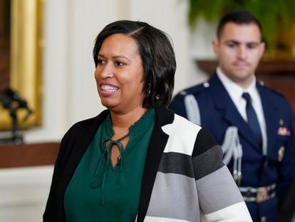 District of Columbia Mayor Muriel Bowser arrives in the East Room of the White House in Washington, Friday, Jan. 6, 2023, to attend a ceremony to mark the second anniversary of the Jan. 6 assault on the Capitol.