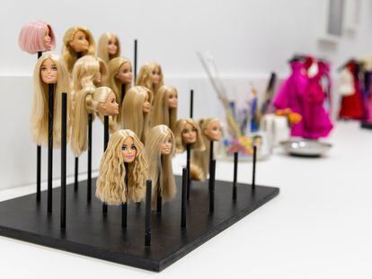 Barbie heads, in the doll's styling room to prepare their 'looks' for their social media profiles, at Mattel's offices in El Segundo, California, in February 2024.