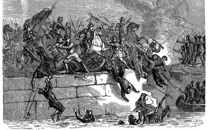 Hernán Cortés' troops conquering Tenochtitlán, the Aztec capital.
