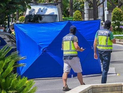 A police screen in Marbella (Spain) shields the corpse of a man shot dead in June 2020.