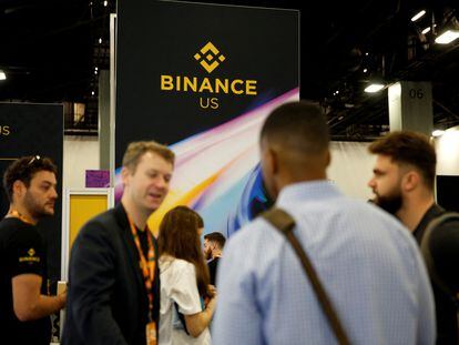 The logo of Binance U.S. is seen at a stand during the Bitcoin Conference 2022 in Miami Beach, Florida, on April 6, 2022.