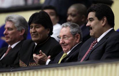 Evo Morales, Raúl Castro and Nicolás Maduro at the ALBA summit.