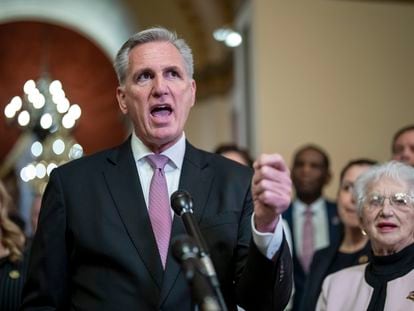 Speaker of the House Kevin McCarthy talks to reporters at the Capitol in Washington, on March 24, 2023.