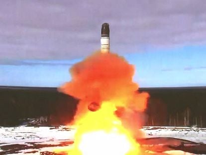 Still from a video released by Russia in April 2022 after the launch of a nuclear-capable ballistic missile.
