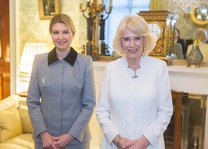 Queen Consort Camilla with the First Lady of Ukraine Olena Zelenska at Buckingham Palace on November 29, 2022.