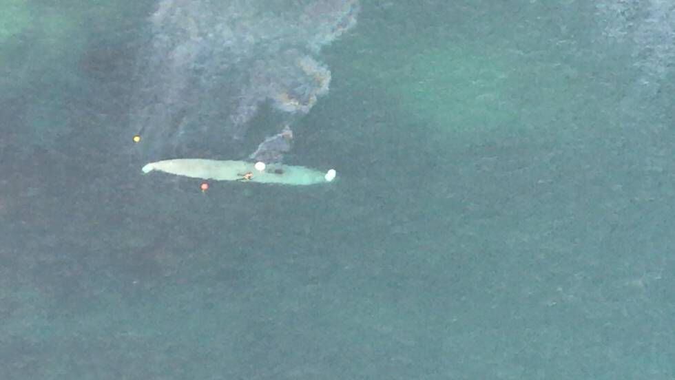 An aerial shot of a narco-submarine off the coast of Pontevedra.