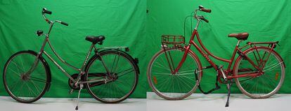 Two of the 100 bicycles used in the social experiment. Equipped with a hidden GPS and locks, they were distributed around the city; 70 were stolen. 