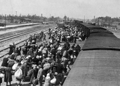 Arrival of a train at Auschwitz carrying Hungarian Jews in 1944, the same year Edith Bruck was deported, in an image taken from the so-called 'Auschwitz Album.' Most of the people in the photo were sent to the gas chambers and killed within hours.
