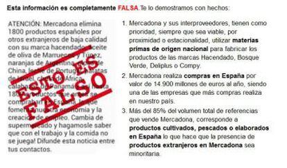 An image of the online accusation provided by Mercadona, which stamped "This is false" on it.