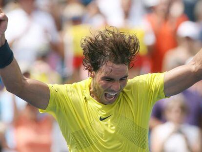Rafael Nadal celebrates his 7-6, 7-6 win over John Isner.
