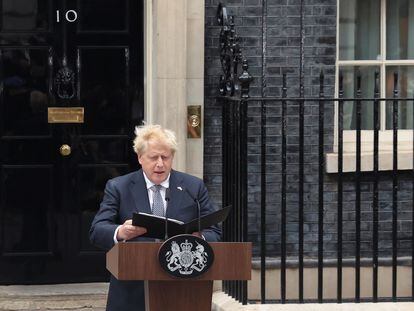 British PM Boris Johnson makes a statement at Downing Street in London on July 7, 2022.