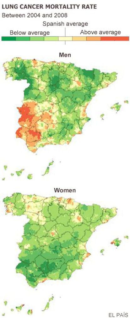 A map showing the lung cancer mortality rate.