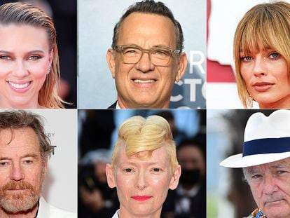 Clockwise from top left: Scarlett Johansson, Tom Hanks, Margot Robbie, Bill Murray, Tilda Swinton and Bryan Cranston, all of whom will appear in Wes Anderson's latest movie.