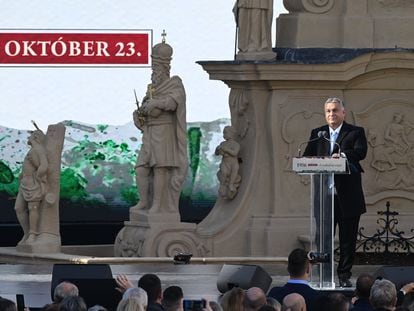 Hungarian Prime Minister Viktor Orbán delivers his speech to mark the 67th anniversary of the Hungarian revolution in Veszprem, Hungary, 23 October 2023.